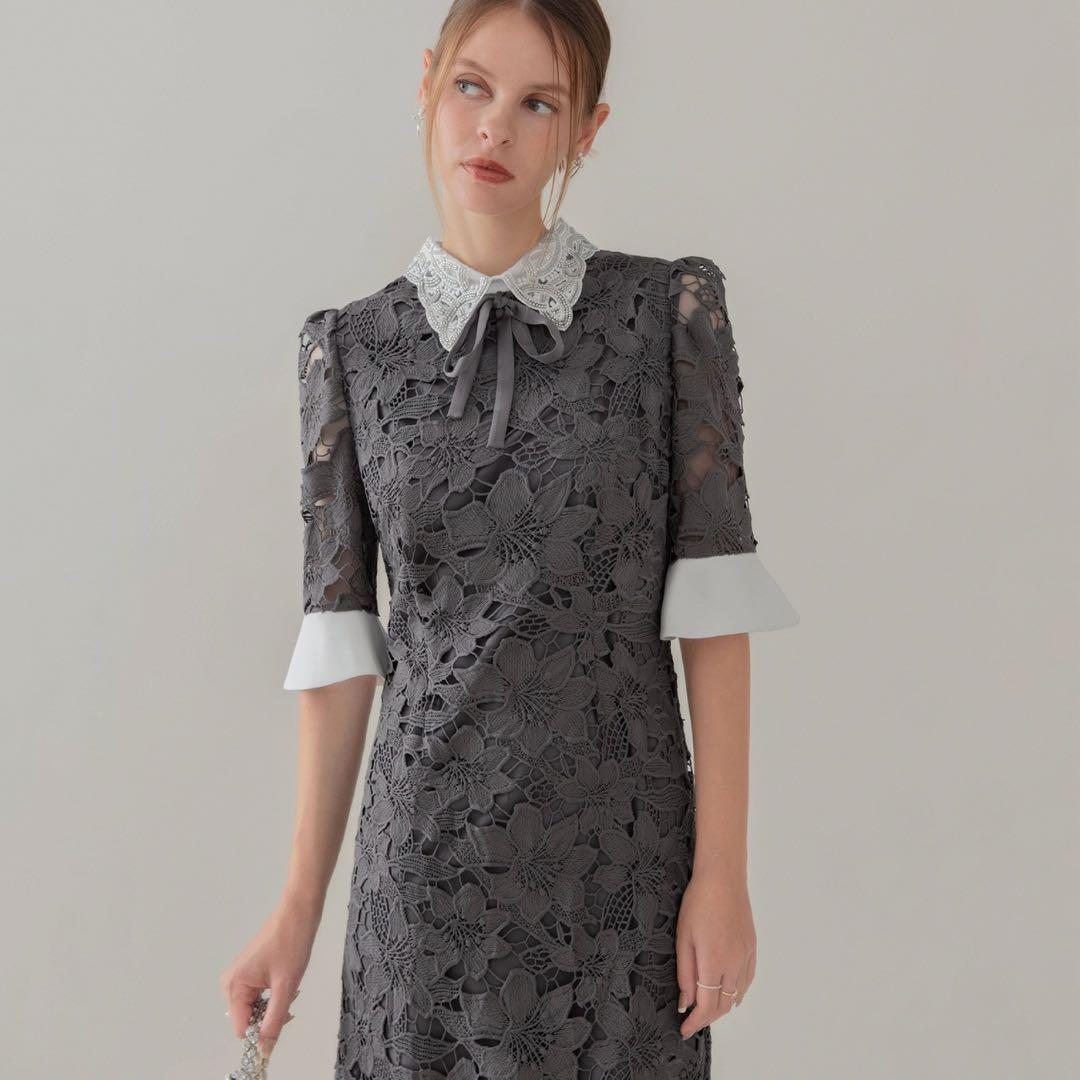 LEJA パールカラーボウタイフラワーレースフィッシュテールワンピースドレス 当日発送】パールカラーボウタイフラワーレースフィッシュテール